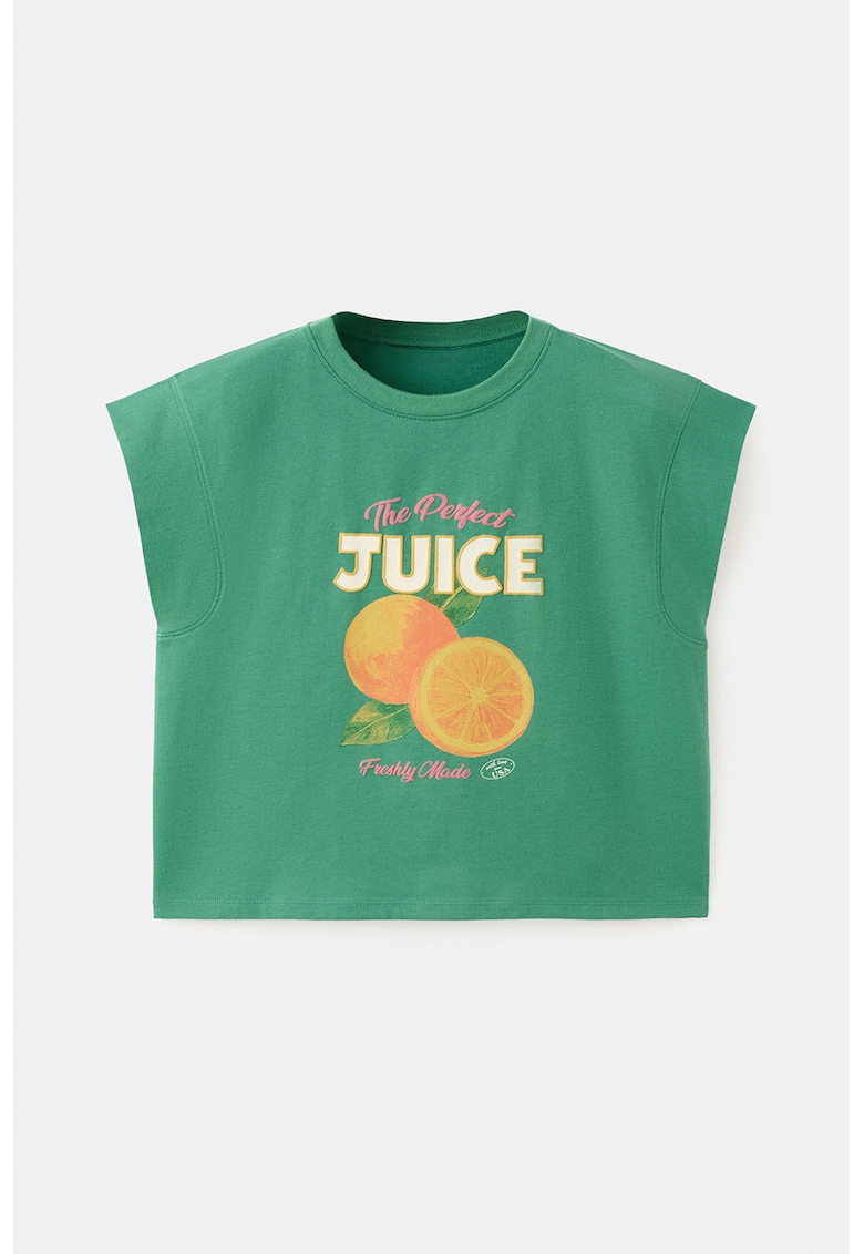 Tricou cu decolteu la baza gatului si imprimeu cu fructe - Verde