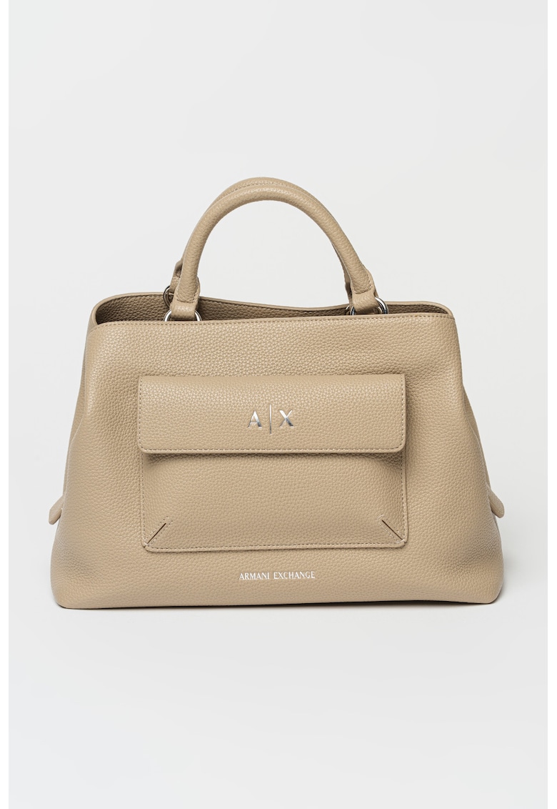 Geanta crossbody de piele ecologica cu buzunar - Bej inchis