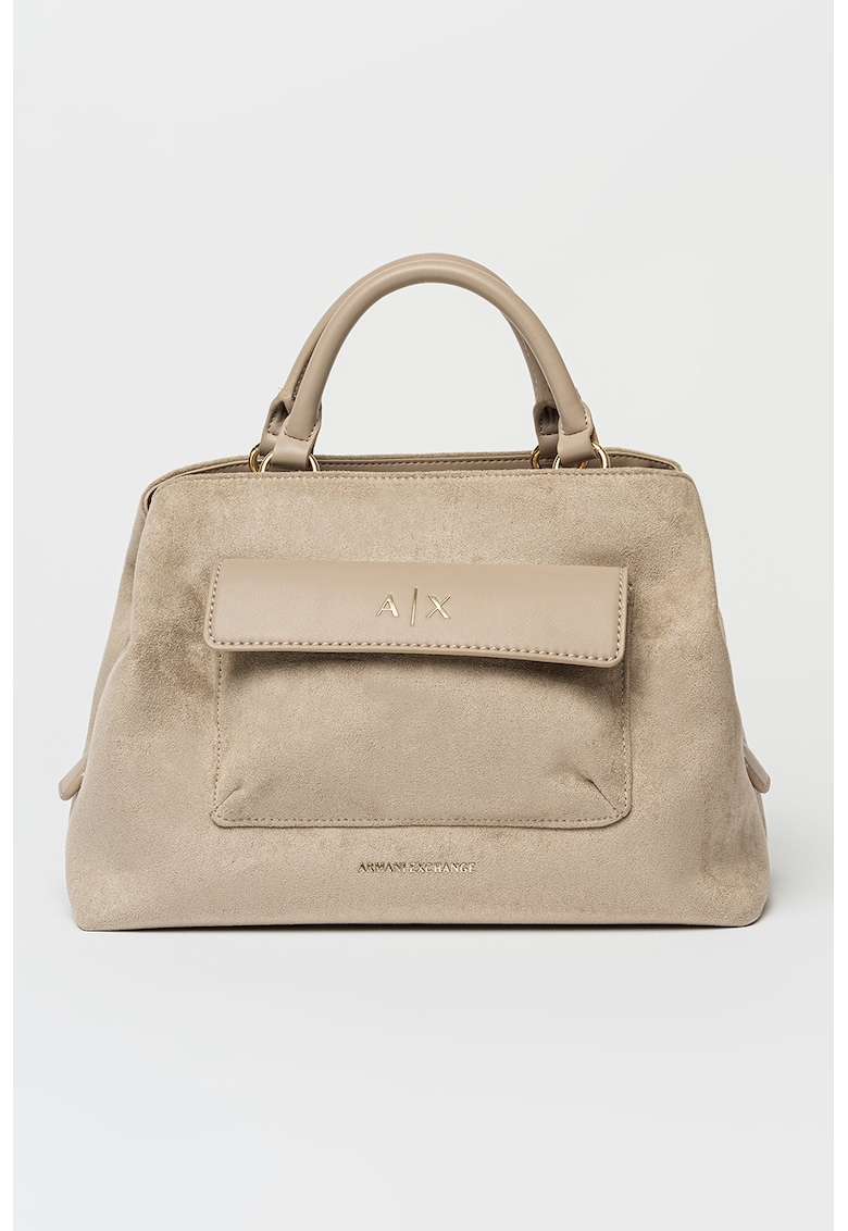 Geanta crossbody de piele intoarsa ecologica cu buzunare cu clapa - Bej
