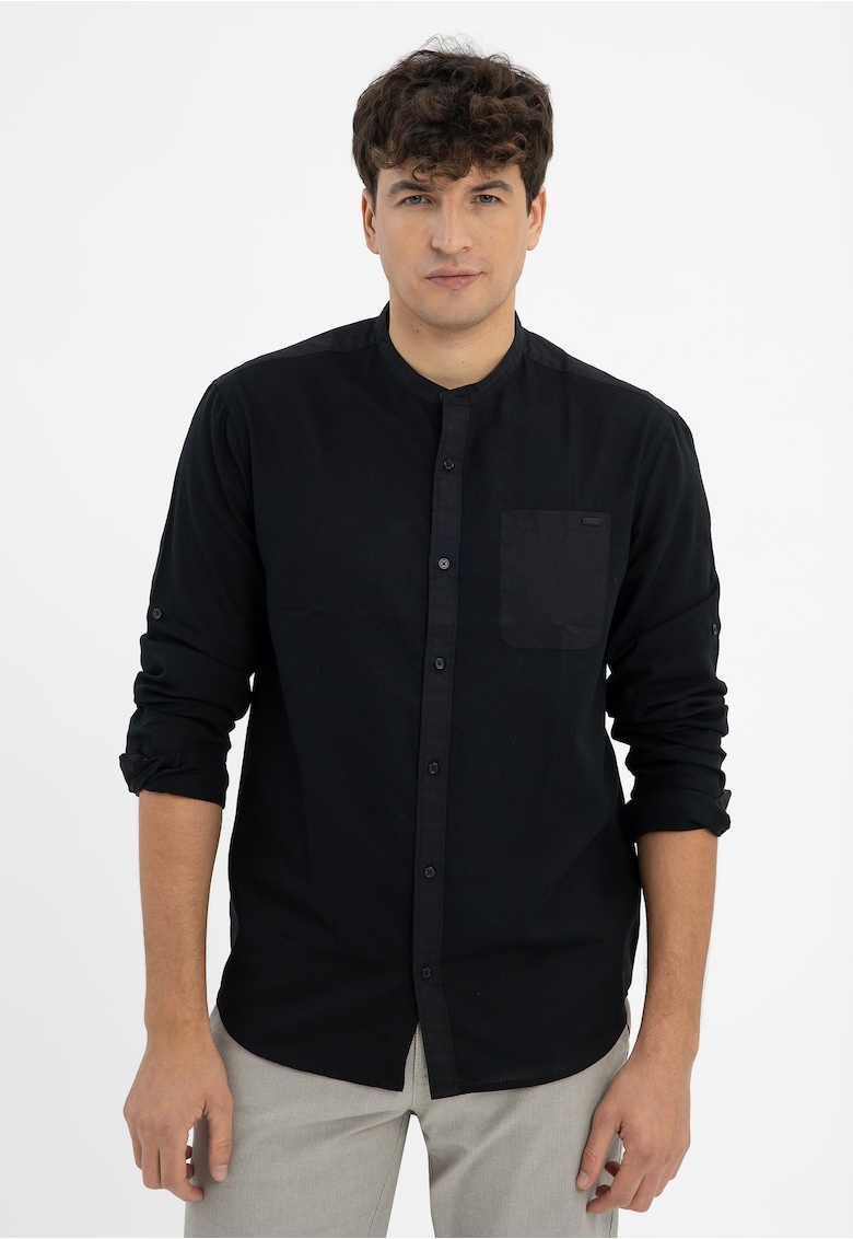 Camasa barbati din bumbac cu guler mao - maneci lungi - Regular Fit - buzunar pe piept - K-Basto - negru - Negru