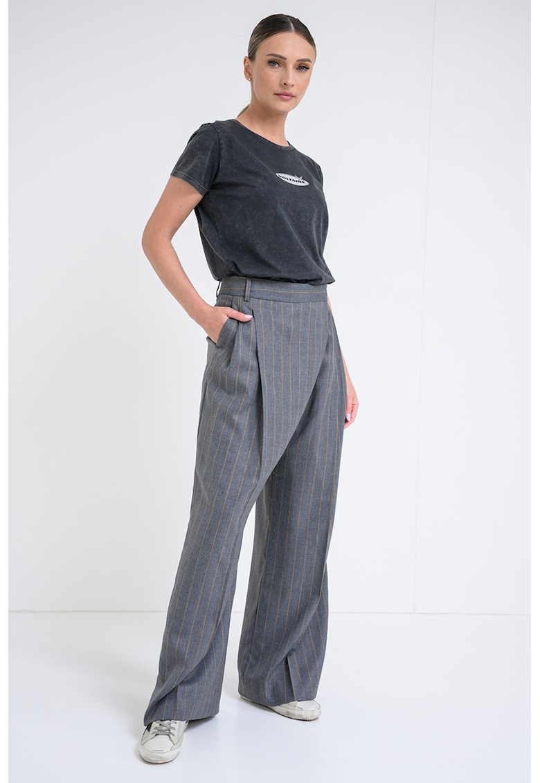 Pantaloni din amestec de lana cu dungi si croiala ampla - Gri carbune/Caramel
