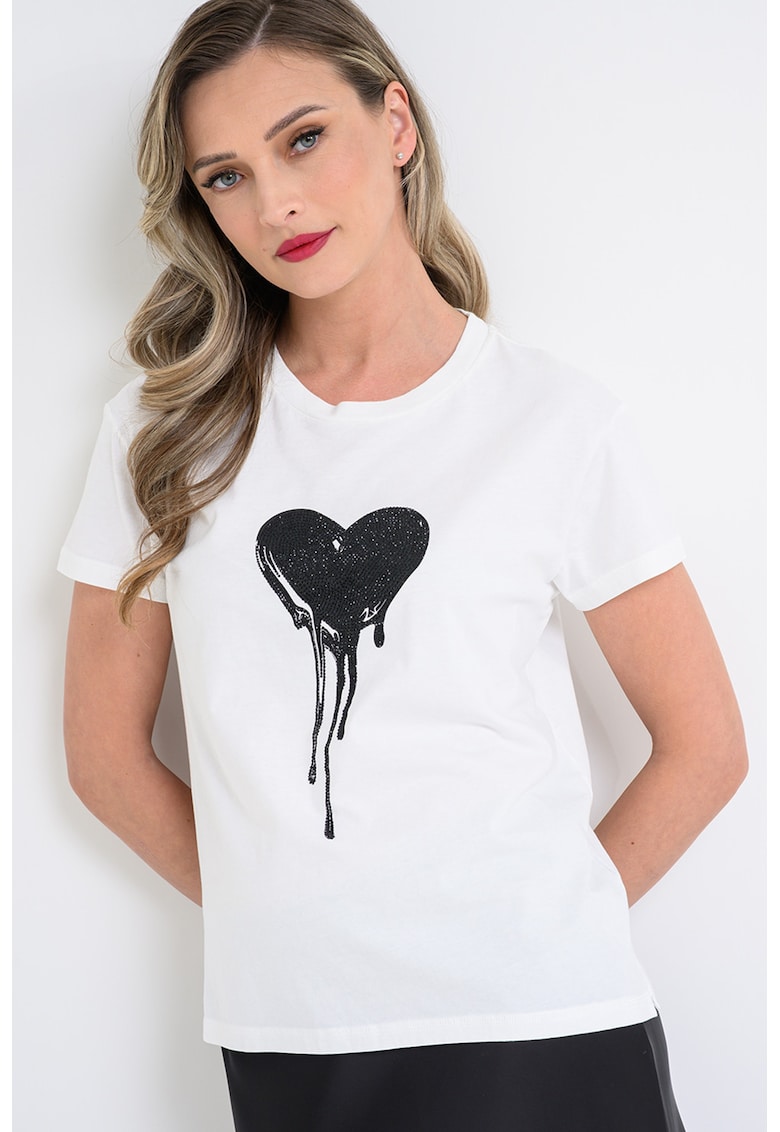 Tricou de bumbac cu aplicatii de strasuri - Negru/Alb murdar