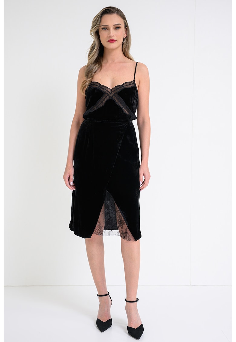 Fusta midi de catifea cu insertie florala din dantela - Negru