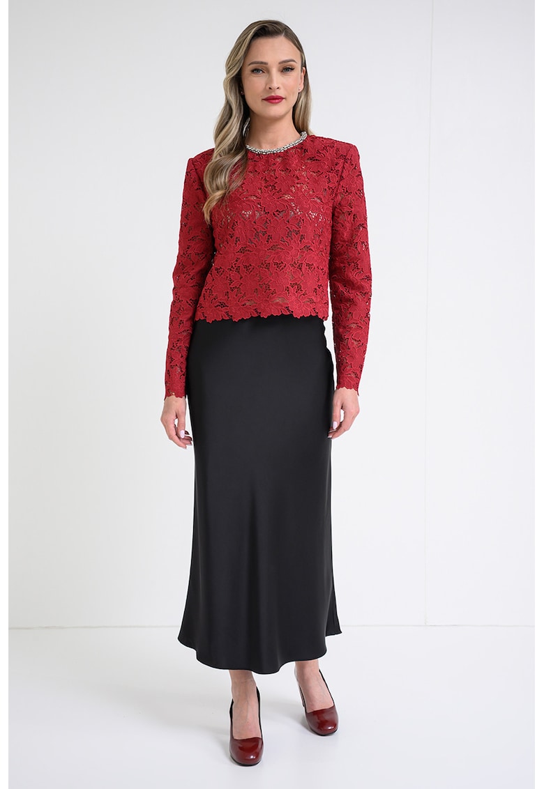 Bluza de dantela cu decolteu la baza gatului - Rosu inchis