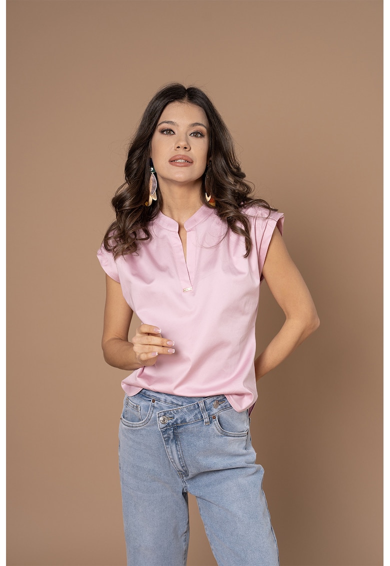 Bluza cu decolteu in V si maneci scurte Aldana - Roz pastel