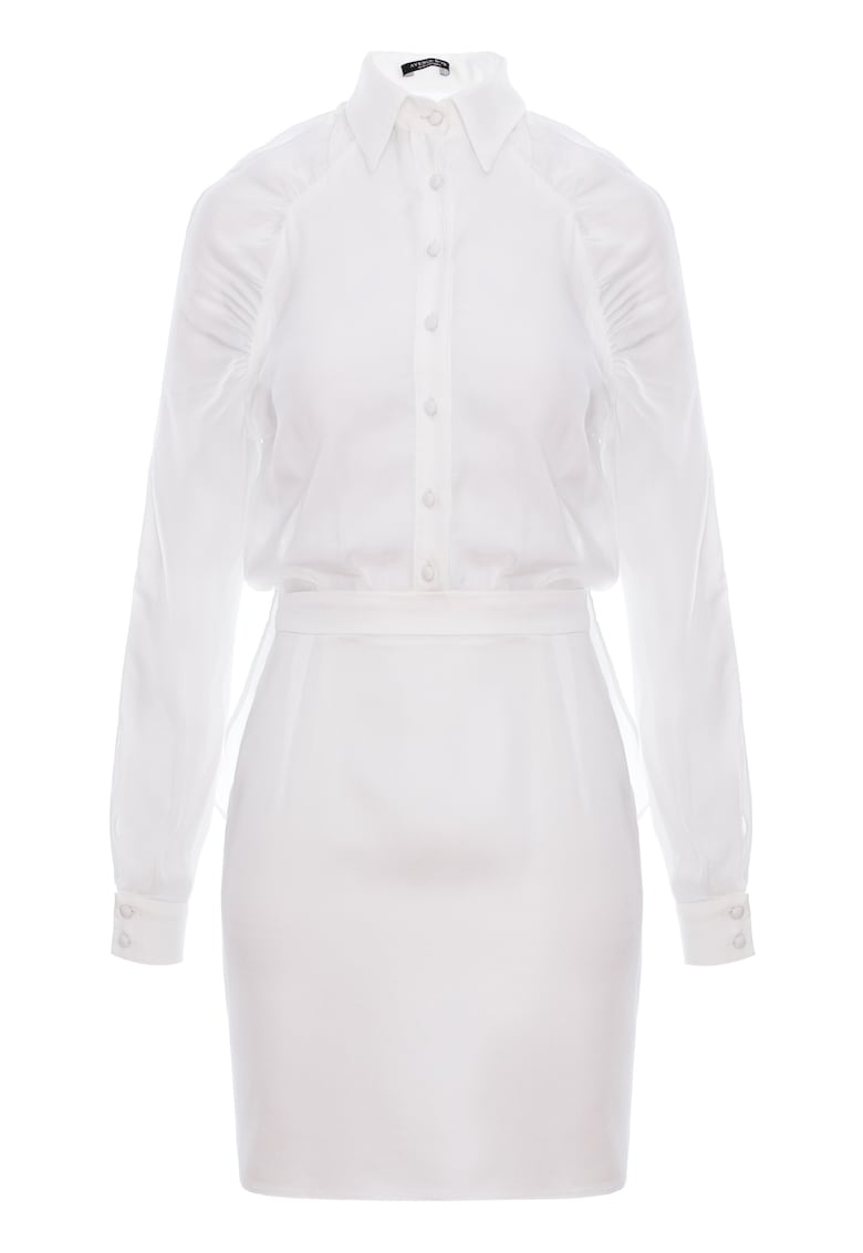 Rochie cămașă scurta cu maneci raglan din matase - Alb