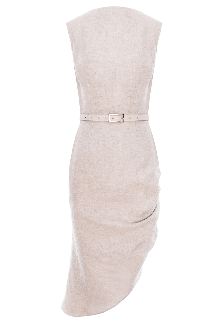 Rochie midi cu falduri asimetrice din in - Bej