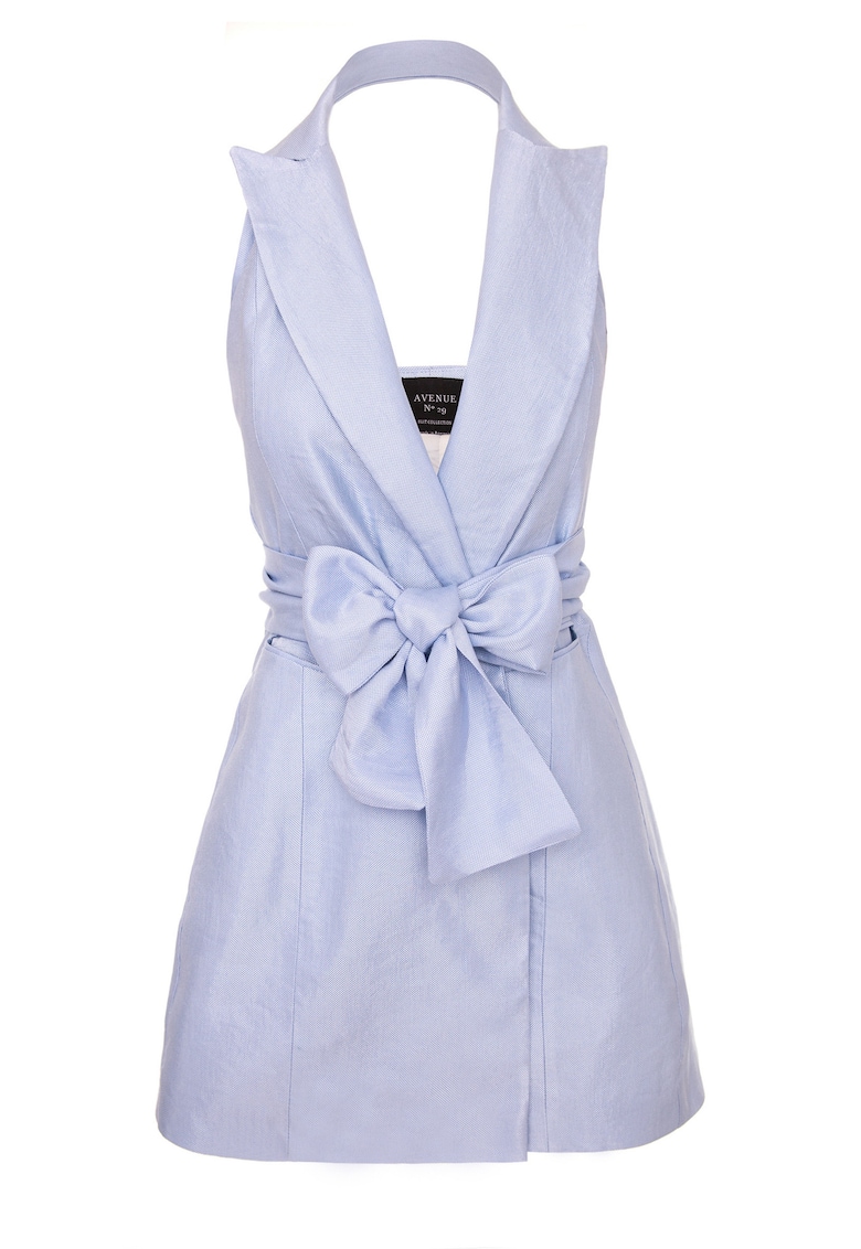 Rochie mini de in cu cordon in talie - Albastru