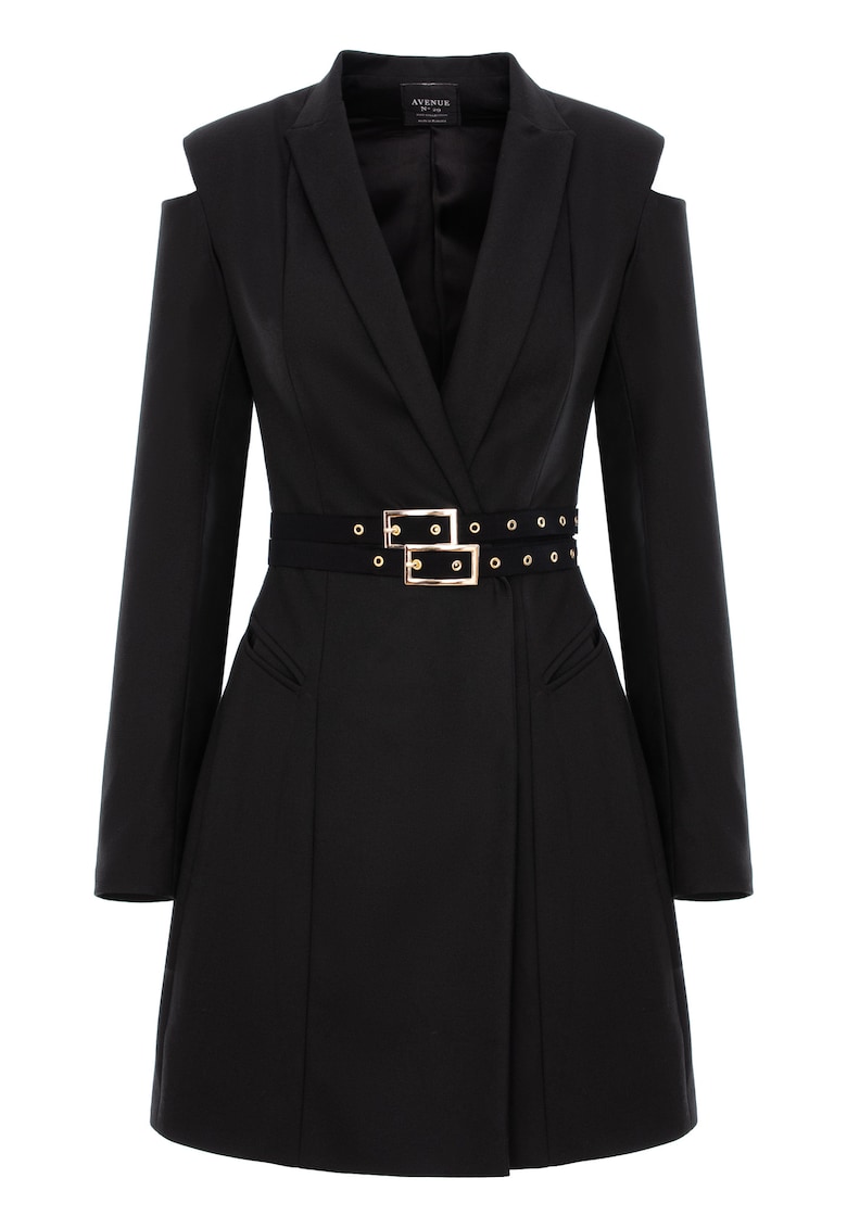 Rochie tip blazer cu decupaje la umeri si curea dubla - Negru