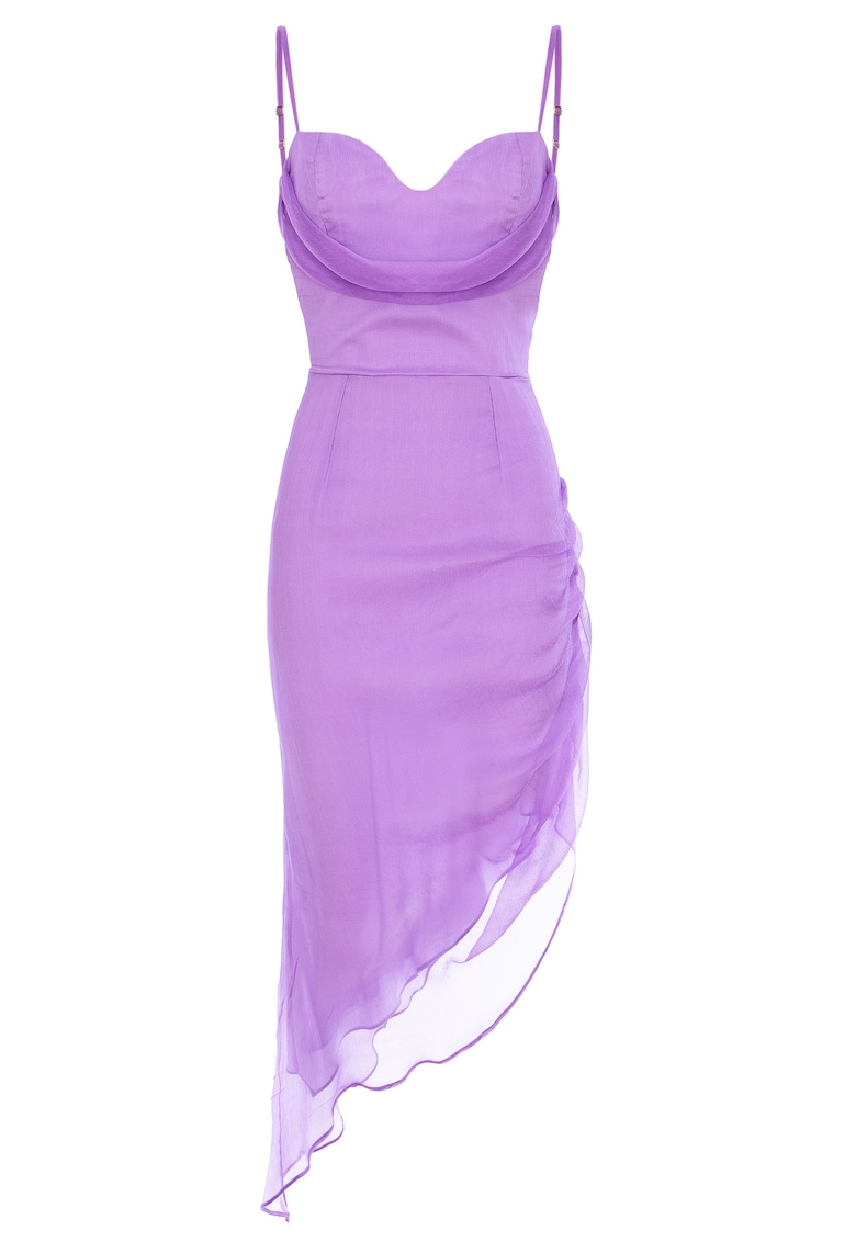 Rochie midi asimetrica din matase cu bretele subtiri - Lila