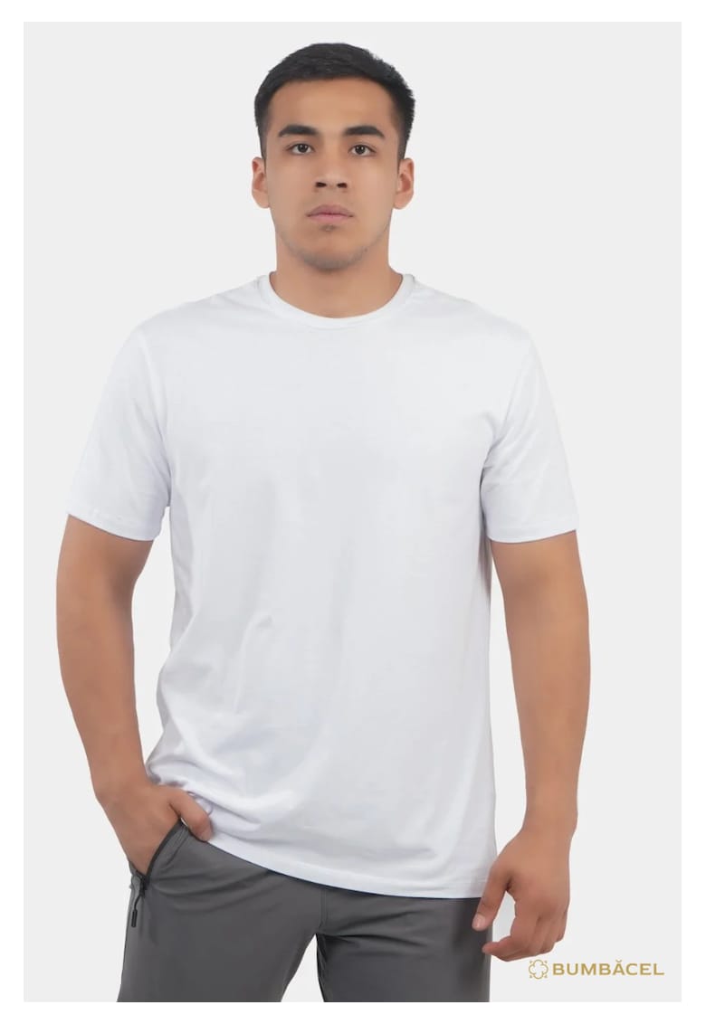 Tricou uniton din bumbac - cu maneca scurta - pentru barbati - Alb