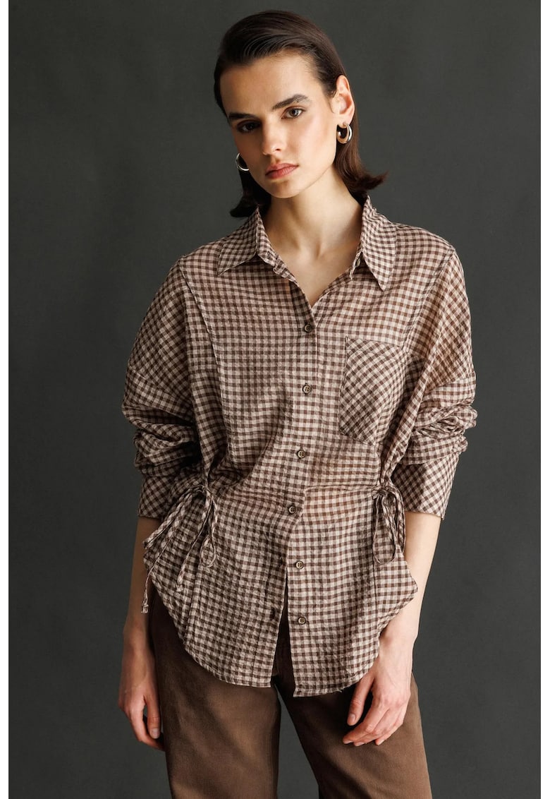 Camasi dama - camasa in carouri Gingham - maneca lunga - maro cafea - bumbac