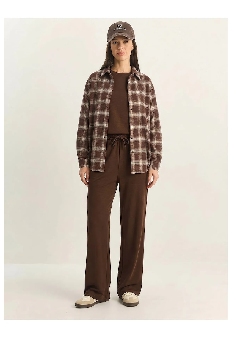 Compleu pentru dama pantaloni largi - tricou cu guler rotund - maro - viscoza/poliester/lycra