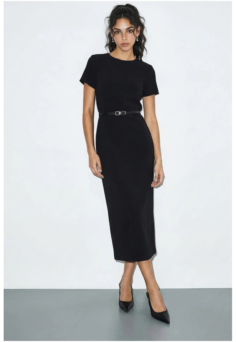 Rochie midi neagra - cu cordon - guler rotund - maneca scurta - poliester/viscoza