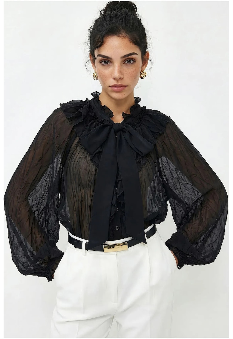 Camasi dama - bluza eleganta cu nasturi si funda - negru - 100% poliester -