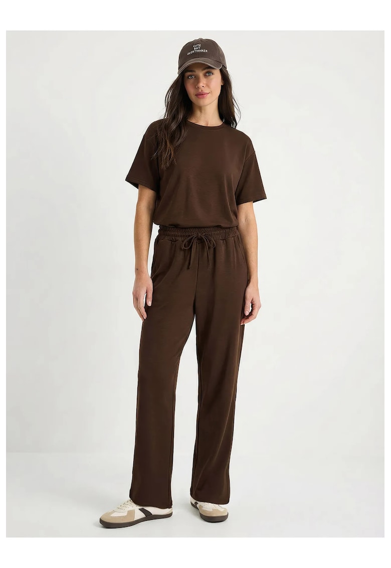 Compleu pantaloni largi si tricou cu guler rotund - maro - viscoza/poliester/lycra -