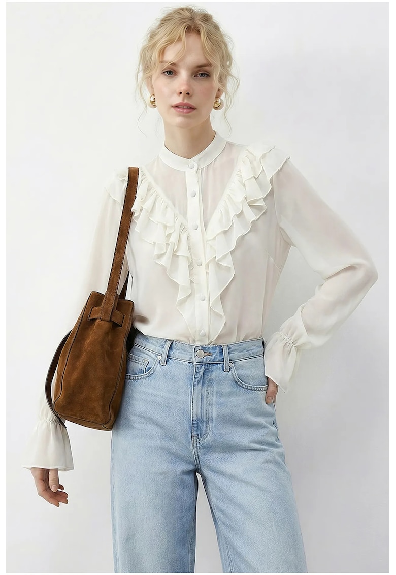 Camasi dama - camasa din chiffon - eleganta - crem natural - 100% poliester - maneca lunga - guler mandarin cu volane