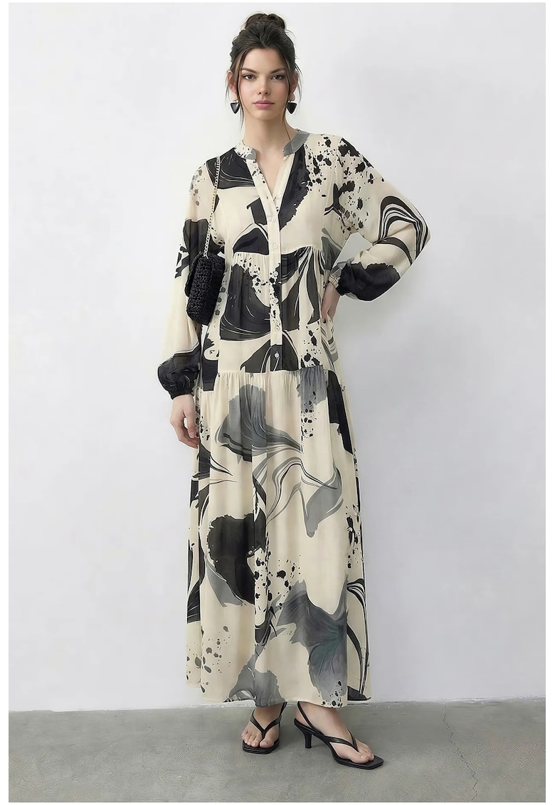 Rochie midi model abstract - bej/gri - decolteu in V - maneci lungi - viscoza