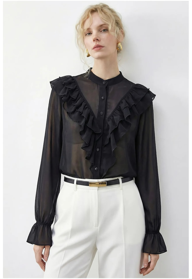 Camasi dama - camasa din sifon cu volane - negru - elegant - 100% poliester