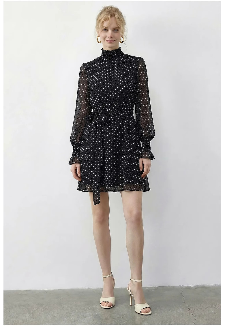 Rochie mini eleganta - cu buline - neagra - poliester - cu cordon