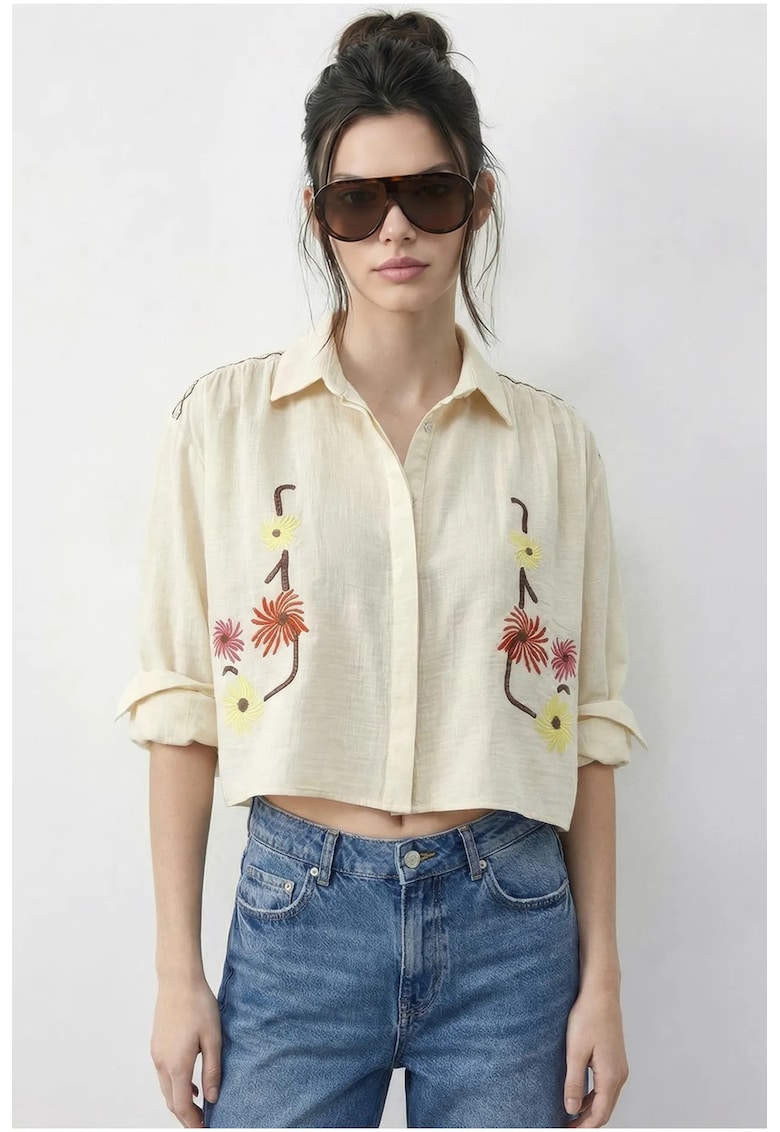 Camasi dama - camasa scurta brodata - galben chihlimbar - maneca lunga - 84% modal - 16% poliester