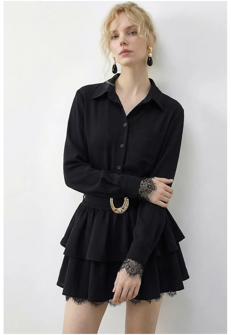 Rochie tip camasa eleganta - cu dantela - neagra - poliester