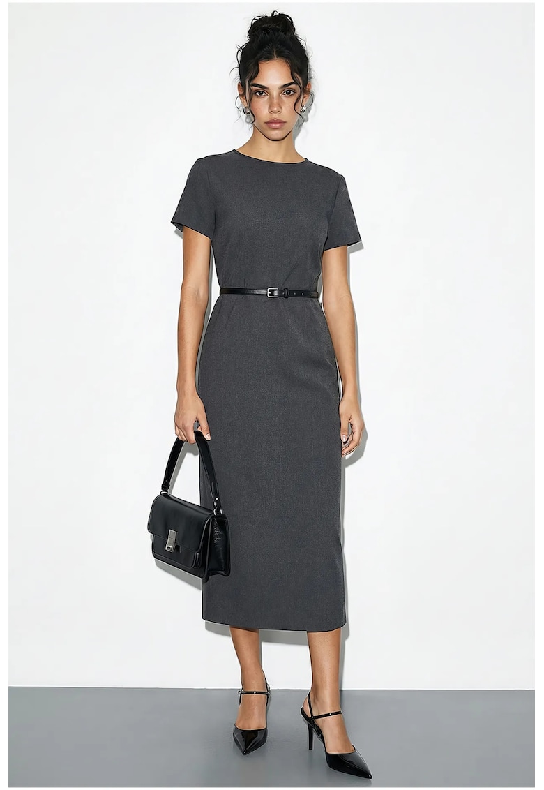 Rochie midi gri carbune - cu cordon - guler rotund - poliester-viscoza