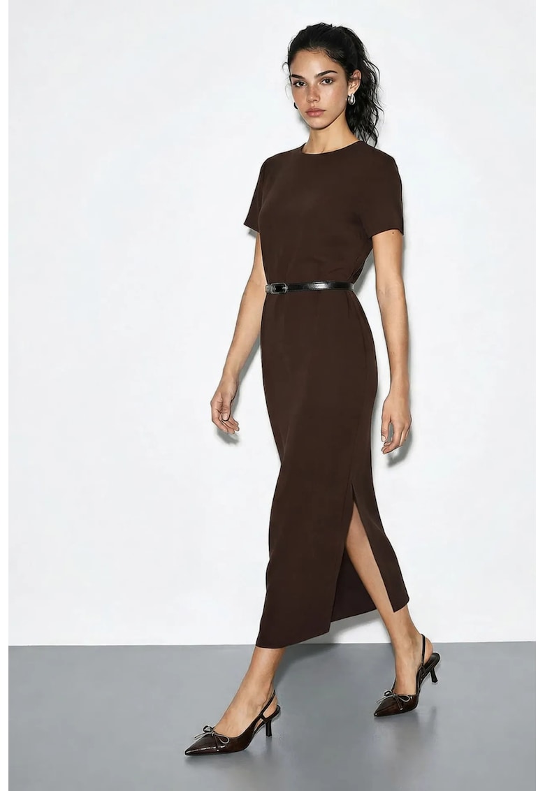 Rochie midi mulata - curea in talie - maro - poliester/viscoza