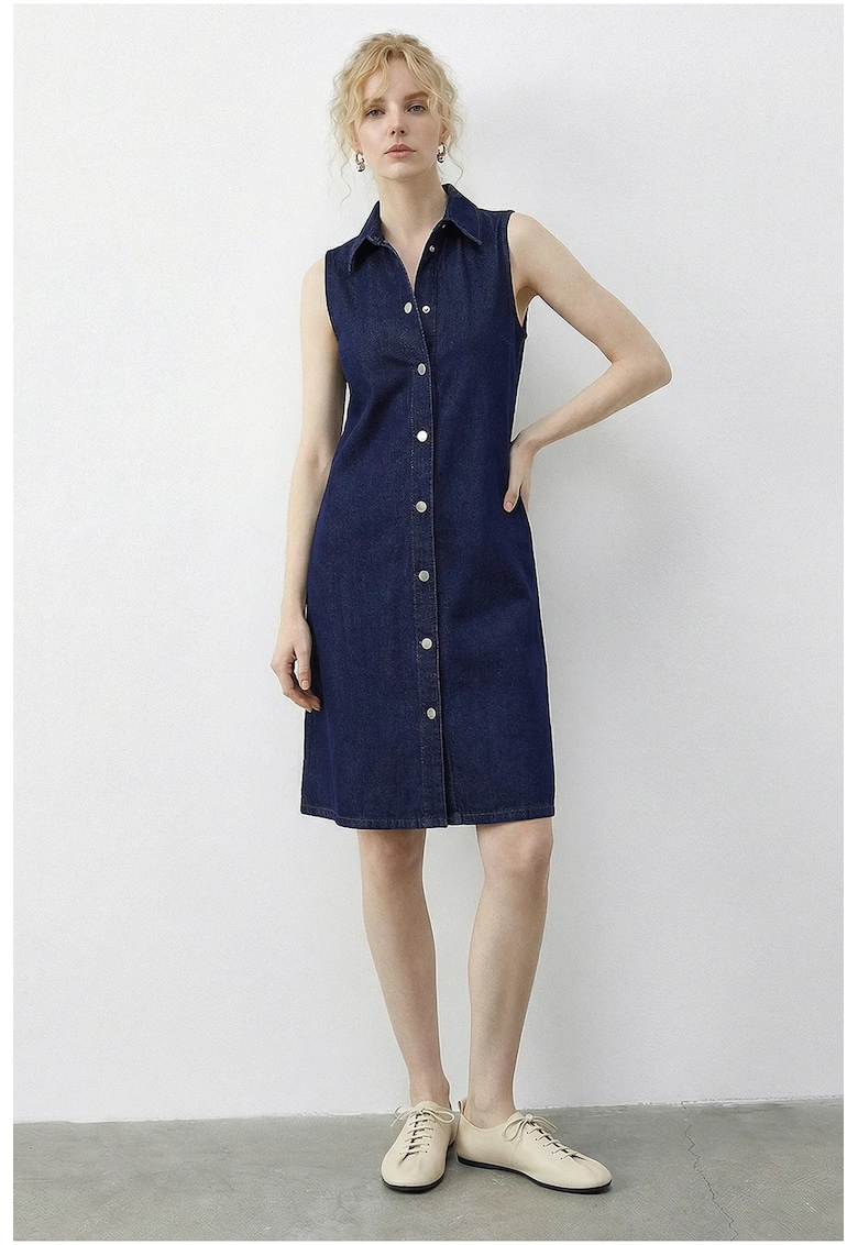 Rochie midi - denim - bleumarin - guler de camasa - cu buzunar