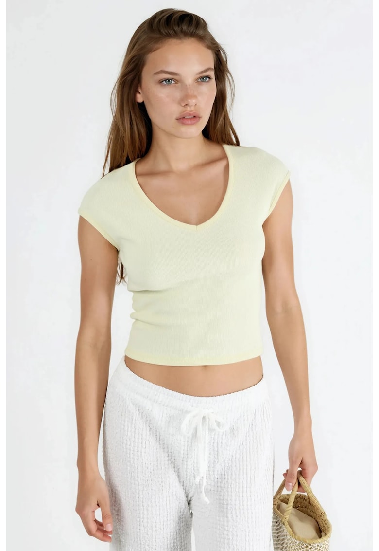 Tricou dama - Galben lamaie - Bumbac/Poliester - Decolteu in V