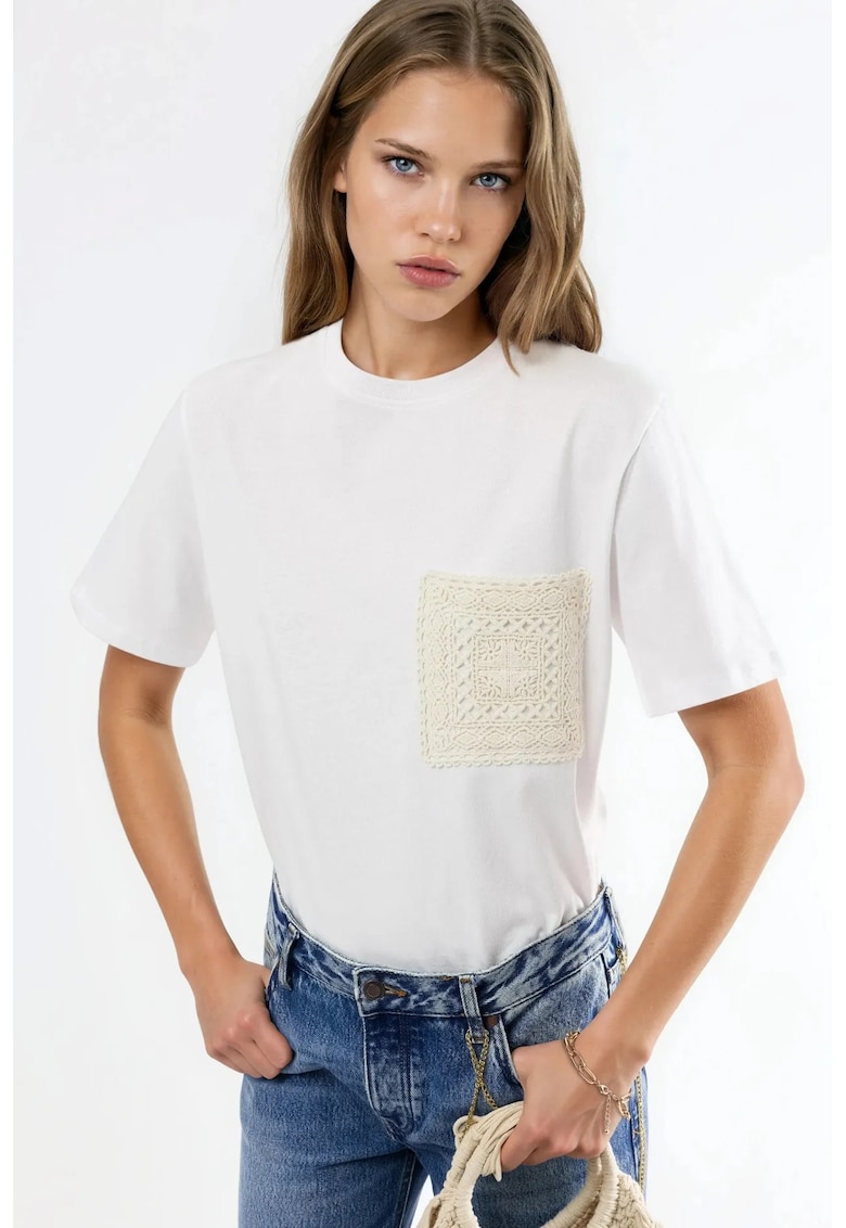 Tricou dama guler rotund - buzunar - alb - 100% bumbac