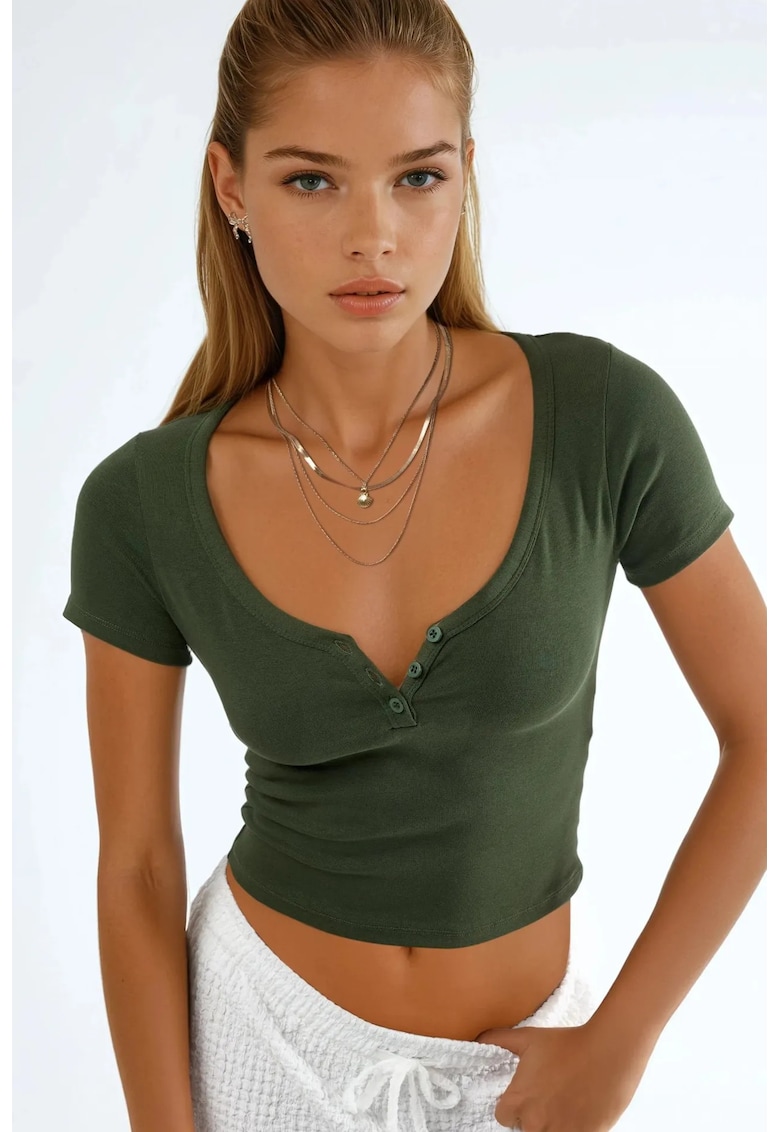 Tricou dama - Kaki - Bumbac/Elastan - Decolteu in V
