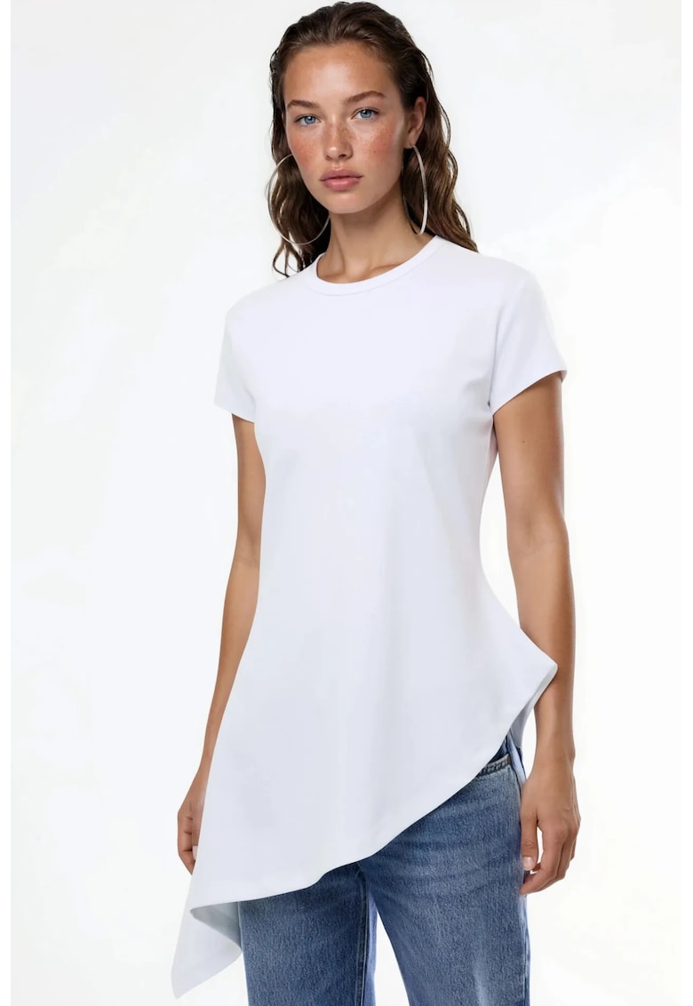 Tricouri dama - tricou asimetric - maneca scurta - alb - 96% bumbac