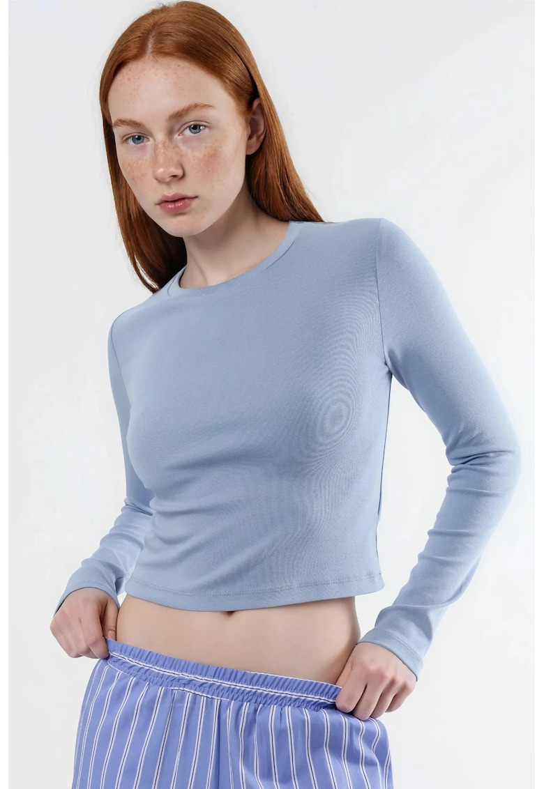 Bluza dama - Bumbac/Elastan - Guler rotund - Slim fit - Albastru glaciar