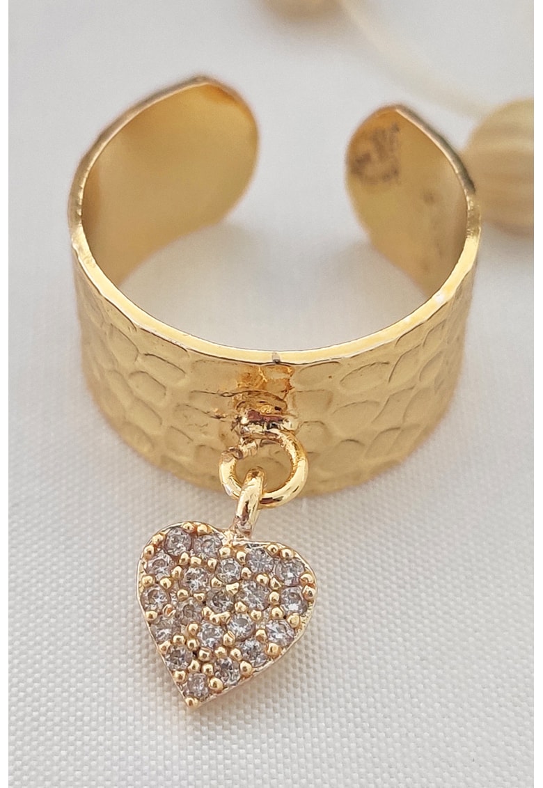 Inel reglabil decorat cu pandantiv inima cu zirconia si model texturat - Auriu