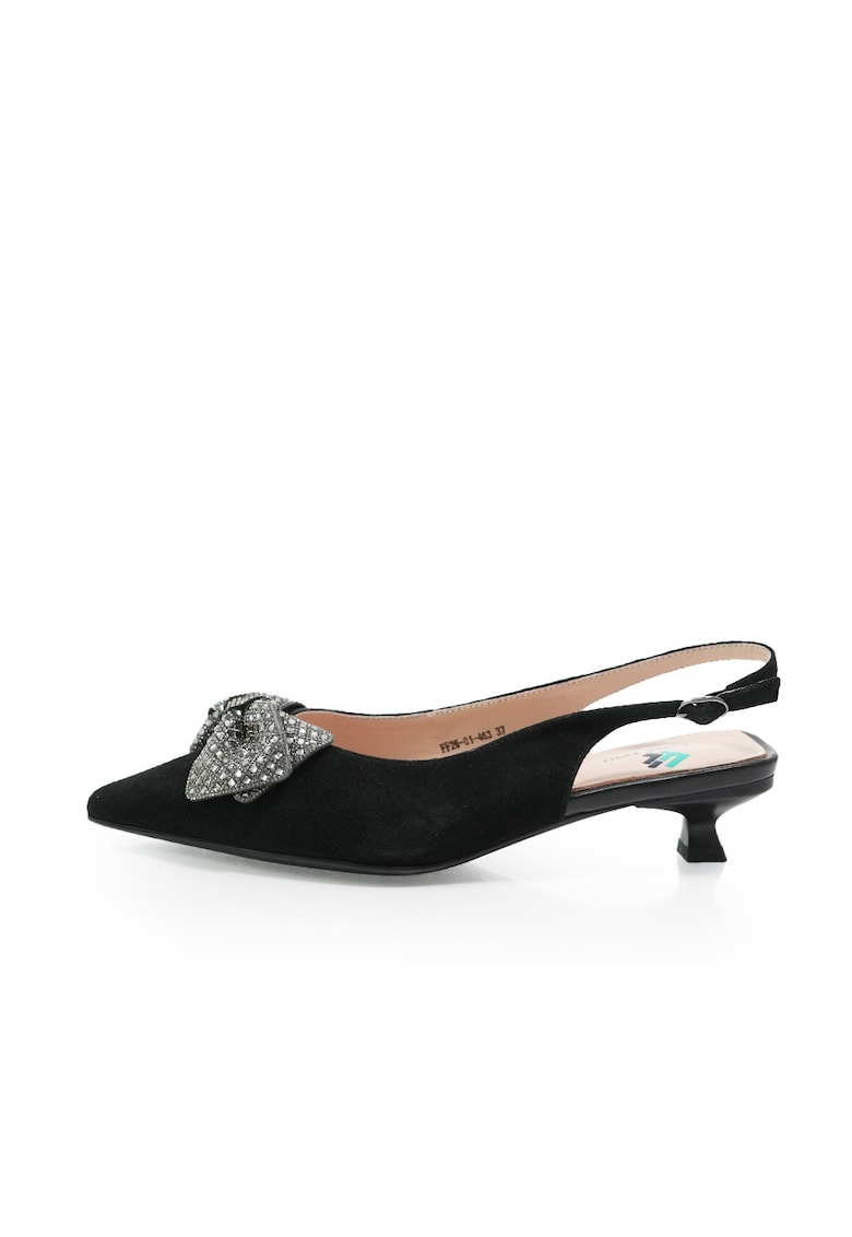 Pantofi slingback cu toc kitten si aplicatie cu funda - Negru