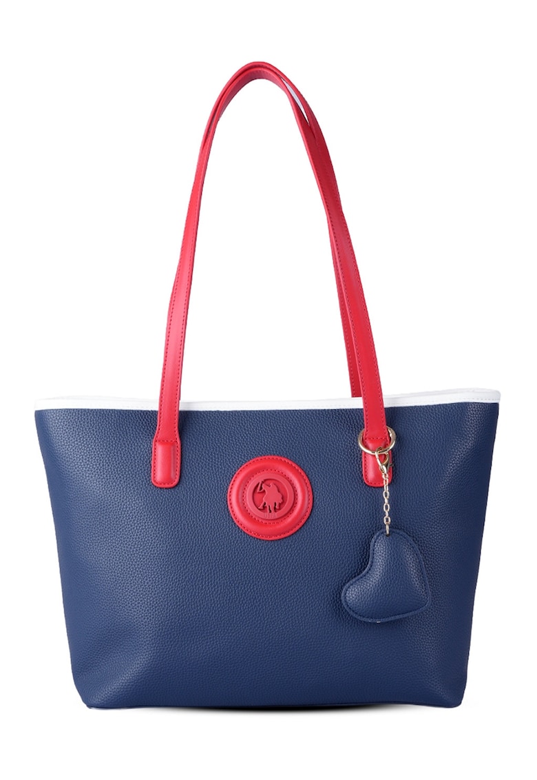 Geanta shopper de piele ecologica cu fermoar - Rosu/Alb/Bleumarin