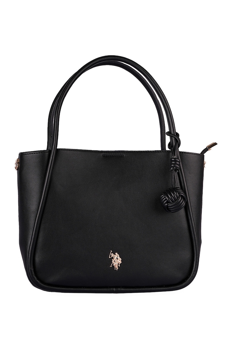 Geanta shopper de piele ecologica cu logo metalic - Negru