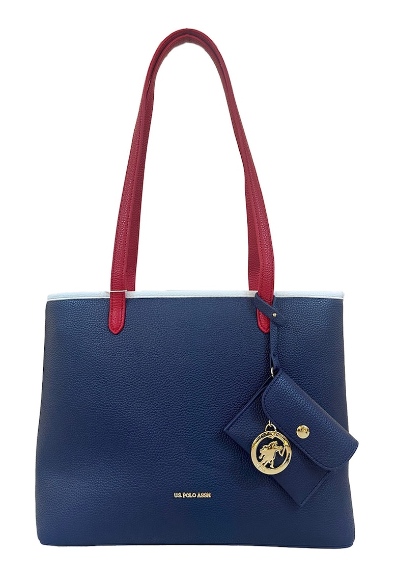 Geanta tote cu fermoar si cu etui - Rosu/Alb/Albastru inchis
