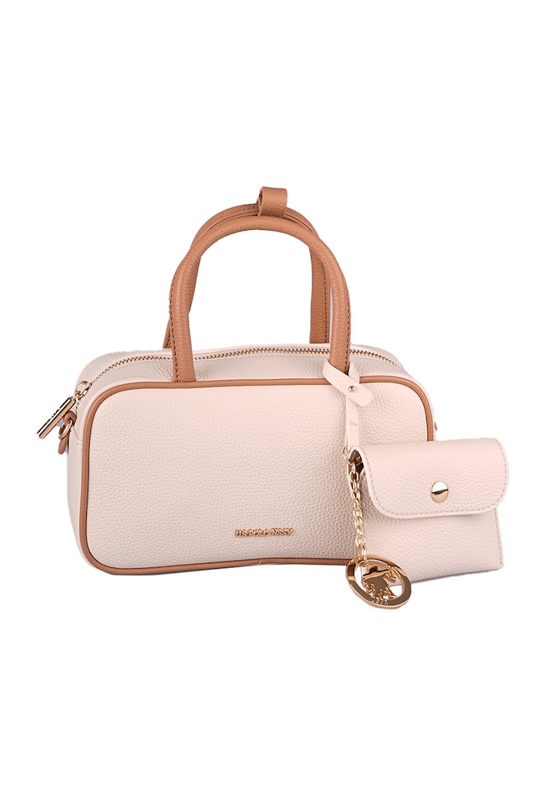 Geanta de piele ecologica cu maner si breloc - Caramel/Roz pal