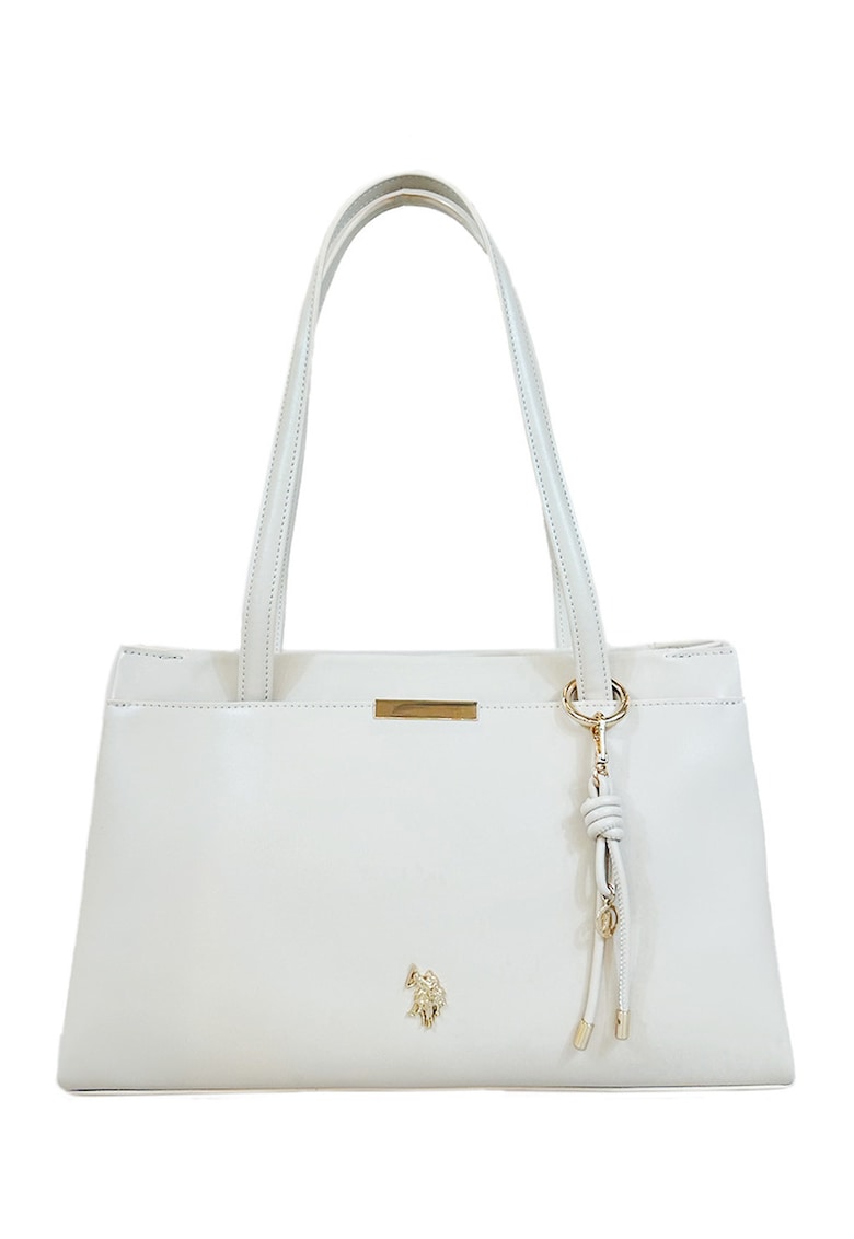 Geanta de piele ecologica cu accesoriu logo - Alb murdar