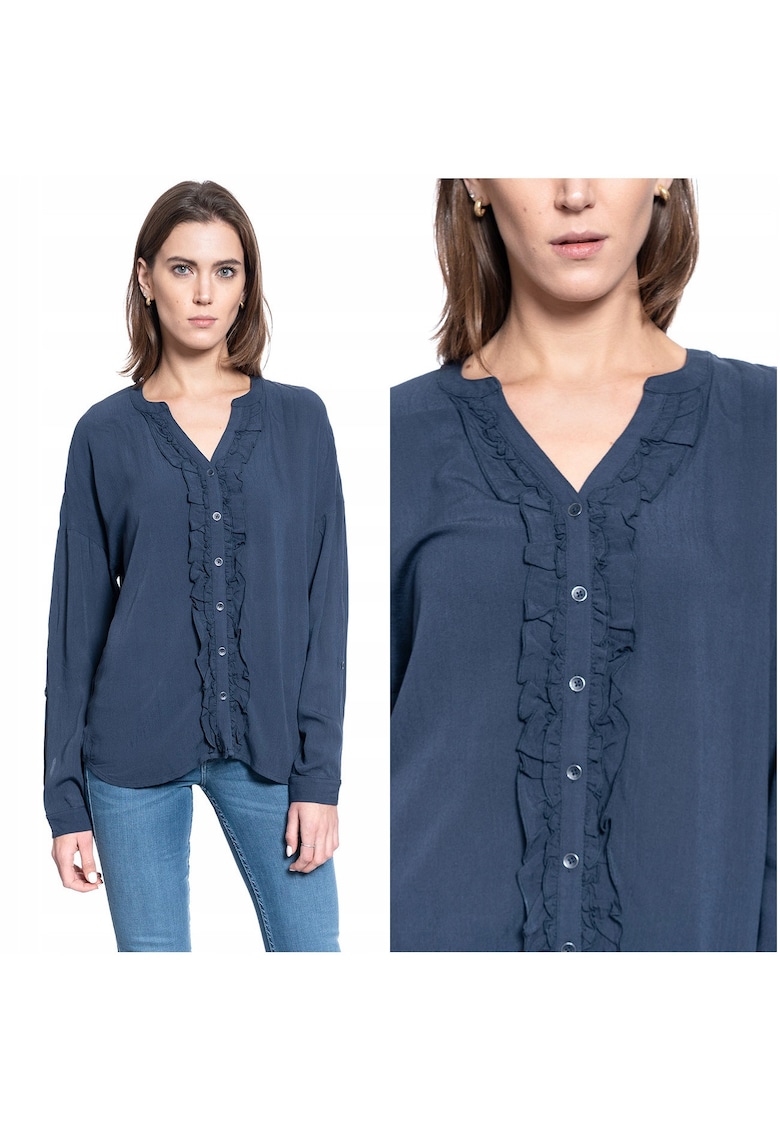 Camasa Dama - EDDA V RUFFLES - Material Vaporos 100% Vascoza - Croiala Regular Fit - Design Elegant Cu Decolteu In V - Textura Moale Si Usoara - Ideala Pentru Tinute Office - Marimea 36 S - Albastru