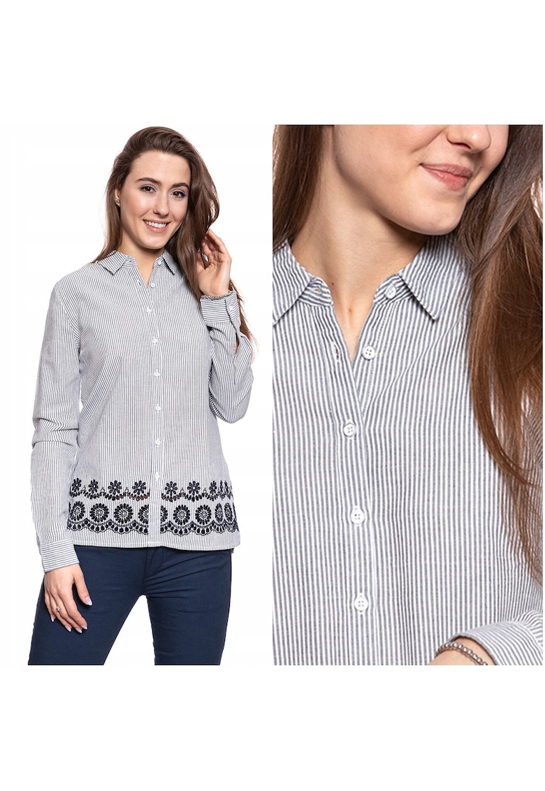 Camasa Dama In Dungi - EMMA KC STRIPE - 100% Bumbac Natural - Croiala Regular Fit - Material Moale Si Respirabil - Design Clasic Cu Guler - Inchidere Nasturi - Ideala Pentru Tinute Casual - Marimea 36 S - Alb Gri Albastru
