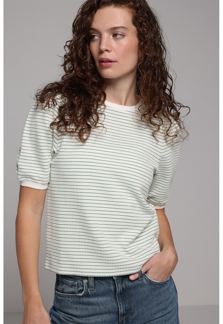Tricou cu decolteu la baza gatului si dungi - Alb fildes/Verde aquamarin
