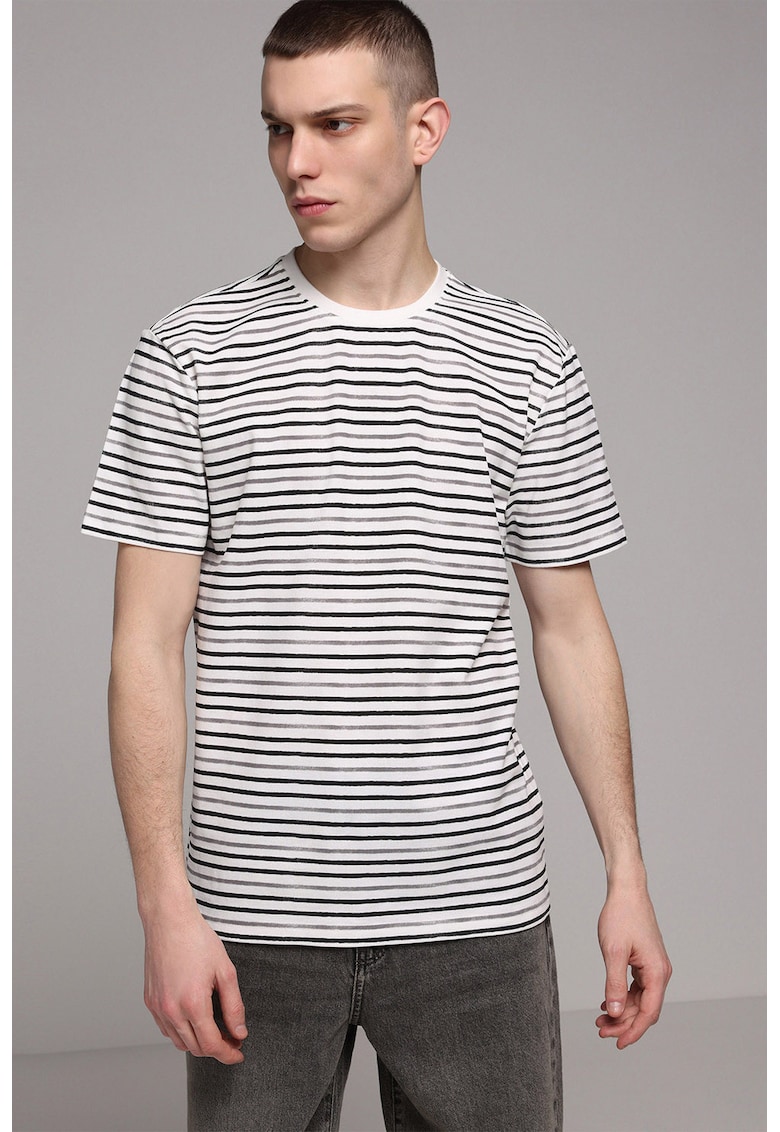 Tricou de bumbac cu dungi - Alb/Maro taupe/Negru stins