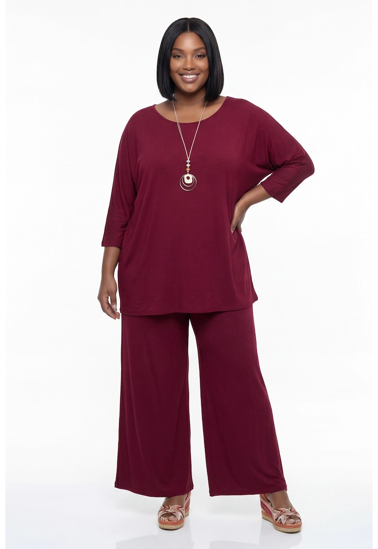 Set dama M1300 - bluza si pantaloni - bordeaux - 100% viscoza - maneca kimono 3/4 - talie inalta - picioare largi