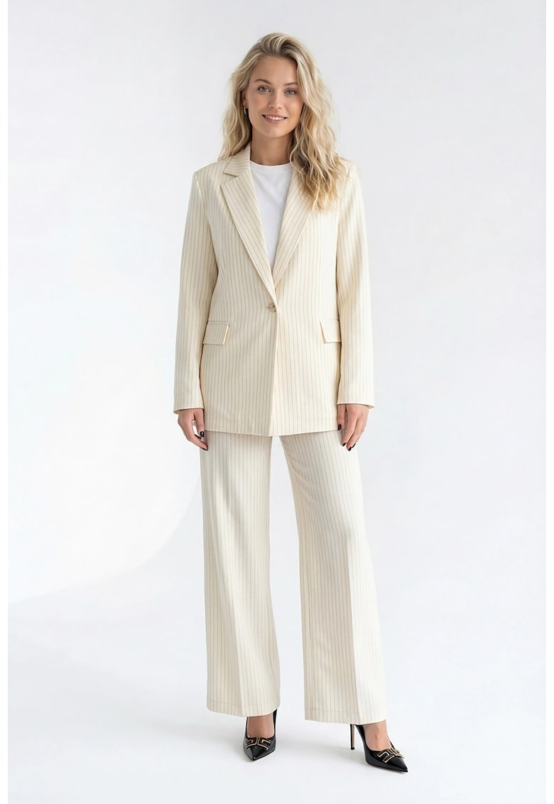 Costum elegant dama M1301 - ecru - sacou cu decolteu in V - pantaloni wide leg
