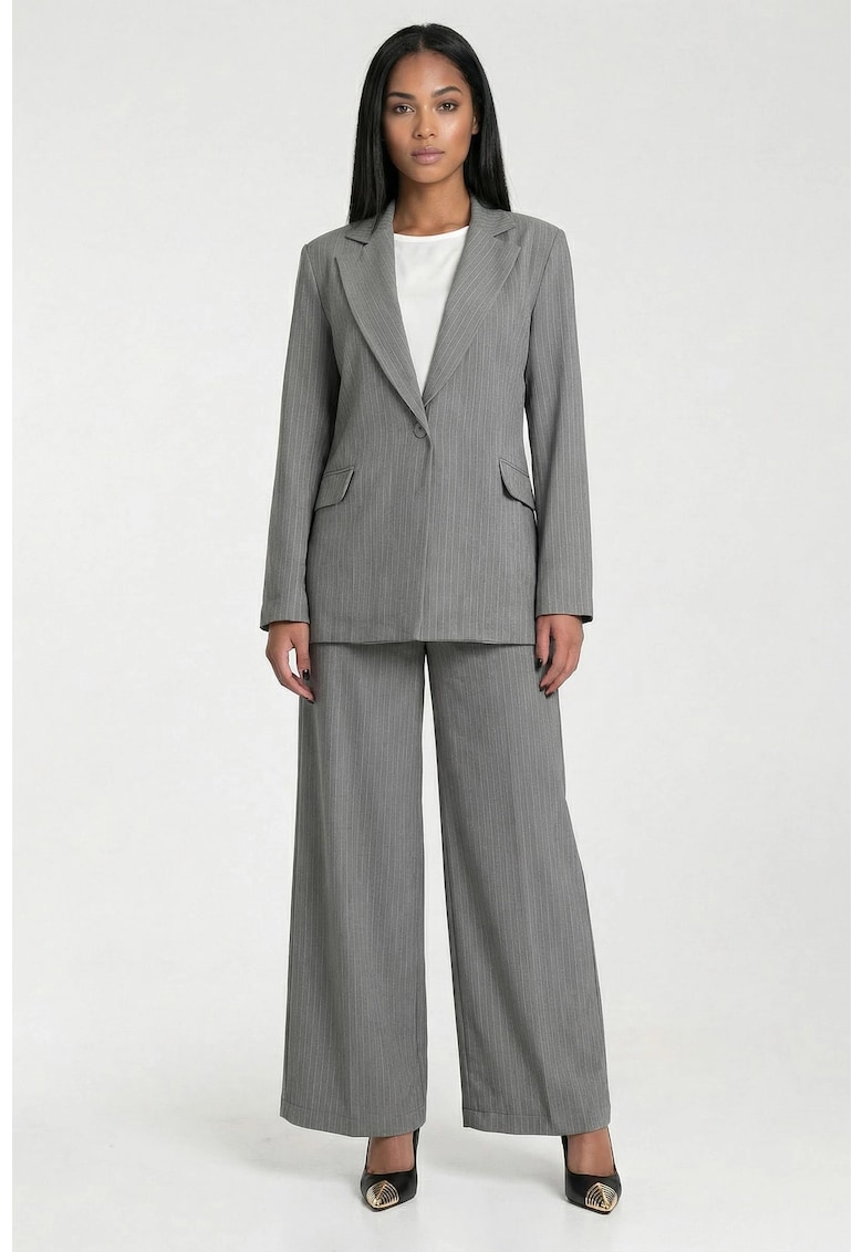Costum elegant dama M1301 - gri - sacou cu decolteu in V - pantaloni wide leg