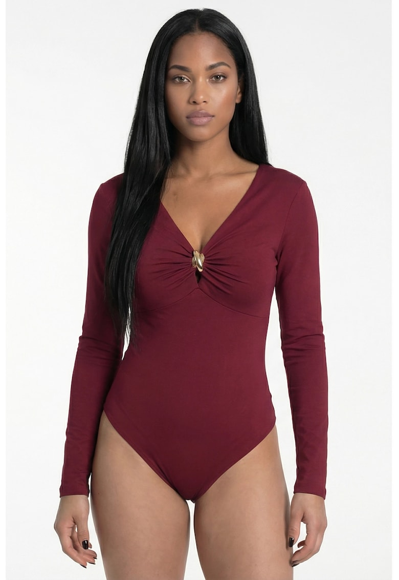 Body de dama M1308 - ajustat - decolteu in V - bordeaux - material elastic
