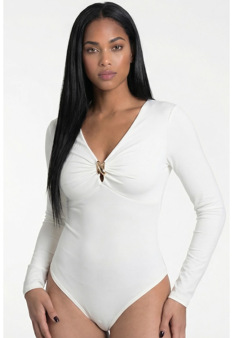 Body de dama M1308 - ecru - croiala mulata - decolteu in V - maneci lungi - material elastic